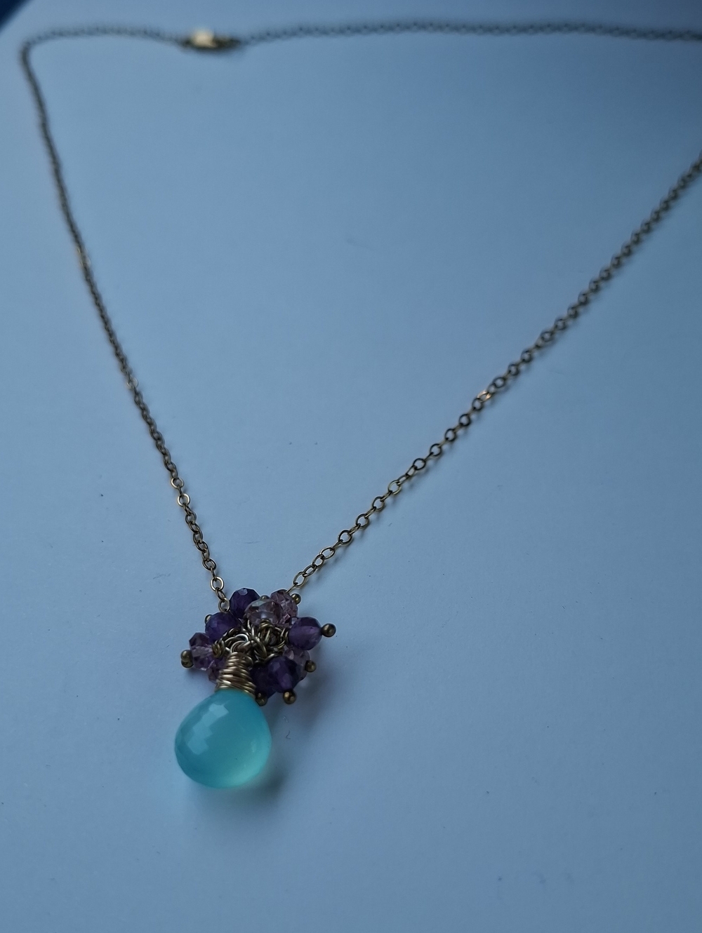 14K Gold Filled Seafoam Chalcedony Amethyst Gemstone Cluster Necklace
